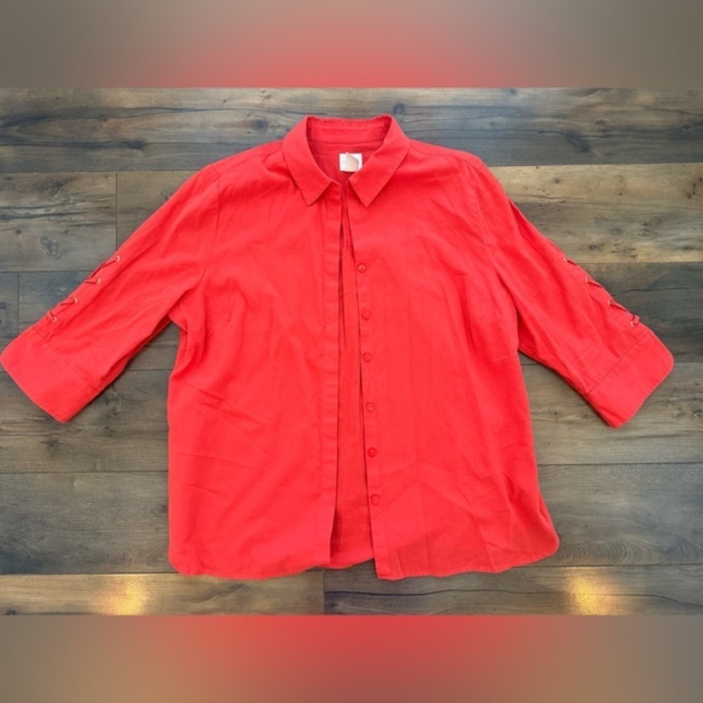 Chico’s Red-Orange Button-Down Blouse with Lace-Up Sleeve Detail Size 2P Petite